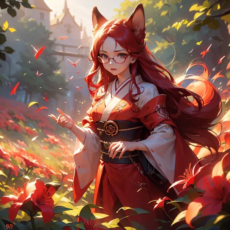 a beautiful glasses wearing girl with long red hair and blue eyes wearing a red kimono standing in a field of red red spider lil...