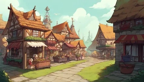 (score_9, score_8_up), rural elven forest village, village square, busy, crowded, shops, carriage