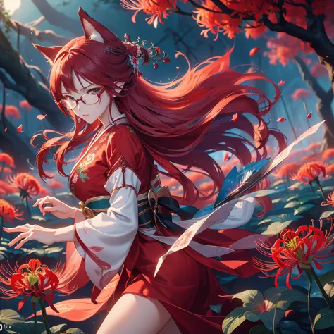 a beautiful glasses-wearing girl with long red hair and blue eyes in a red kimono stands in a field of red red spider lilies. a ...