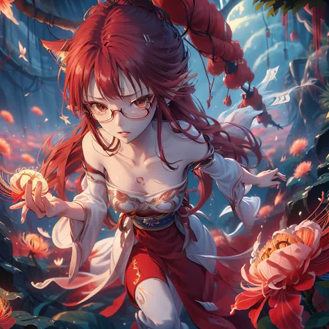 a beautiful glasses-wearing girl with long red hair and blue eyes in a red kimono stands in a field of red red spider lilies. a ...