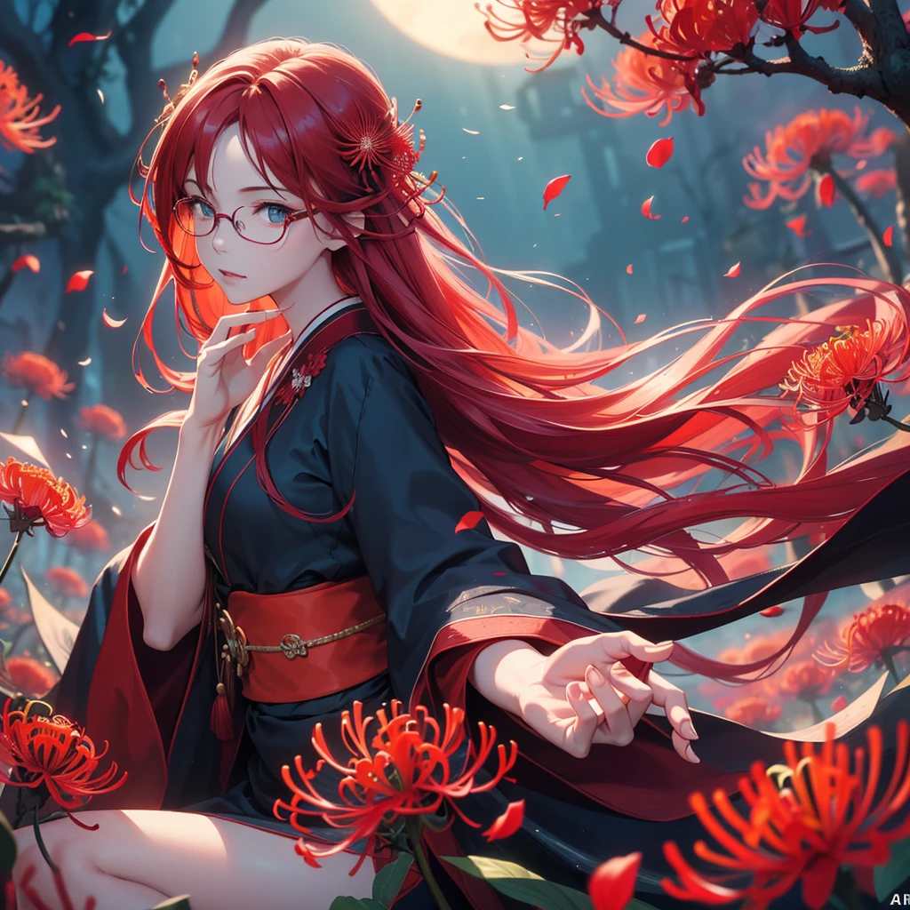 A beautiful glasses-wearing girl with long red hair and blue eyes in a red kimono stands in a field of red red spider lilies. A fox emerges from the twilight, detailed facial features, highly detailed eyes, (Best Quality, 4k, 8k, High Resolution, Masterpiece: 1.2), Ultra-detailed, (Realistic, Photorealistic, Photorealistic: 1.37), Vivid colors, Cinematic lighting, Surreal fantasy, Atmospheric mood