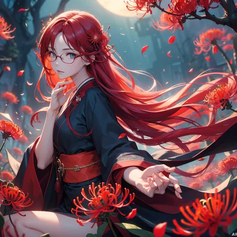 a beautiful glasses-wearing girl with long red hair and blue eyes in a red kimono stands in a field of red red spider lilies. a ...