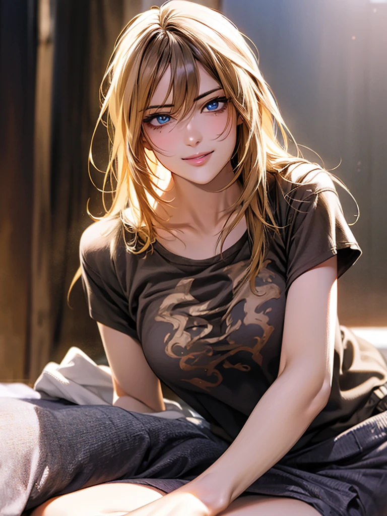 Highest quality, Ultra-high resolution, (Realistic: 1.4), beautiful Eyes, Super beautiful, beautiful, spouse, Rough Chest T-shirt, beautiful Soldier, Eyes that beckon, spouseの視点, Attractive look, Sexy smile, Perfect Style, Perfect balance, Detailed skin, Mischievous Gaze