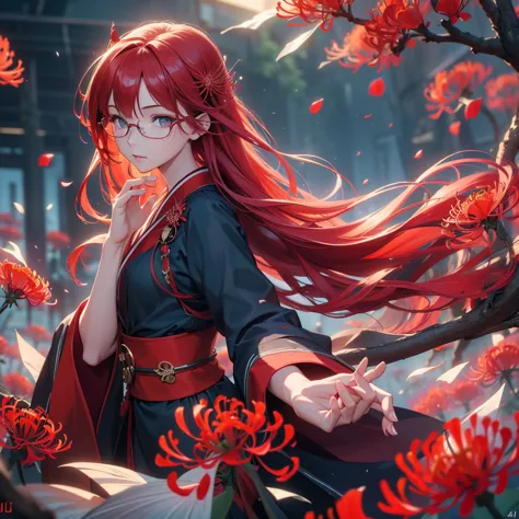 a beautiful glasses-wearing girl with long red hair and blue eyes in a red kimono stands in a field of red red spider lilies. a ...