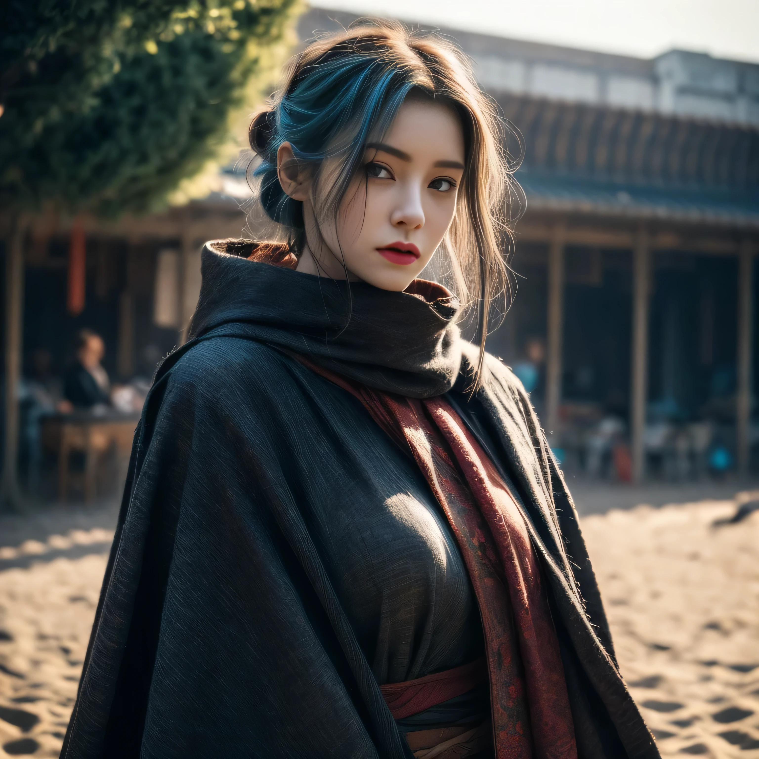 photorealistic, masterpiece, photorealistic, high resolution, soft light, full body, hips up, blue eyes, teal hair, long hair, Intricate details EABA, cloaks, short steel fan, Loyal Soldier, transparent hanfu, red-black details, big breasts, floating black fur cloak in the wind, sunrise, beach