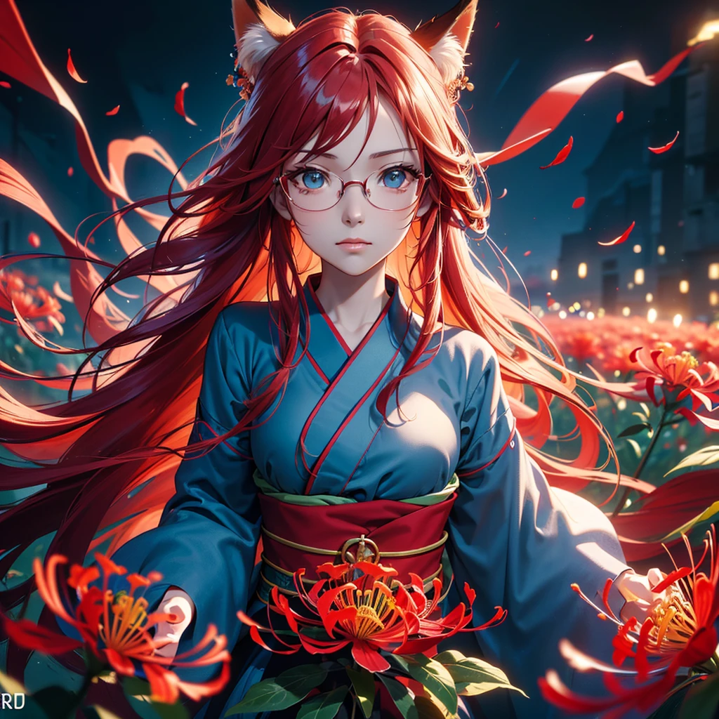 A beautiful glasses-wearing girl with long red hair and blue eyes in a red kimono stands in a field of red red spider lilies. A fox emerges from the twilight, detailed facial features, highly detailed eyes, (Best Quality, 4k, 8k, High Resolution, Masterpiece: 1.2), Ultra-detailed, (Realistic, Photorealistic, Photorealistic: 1.37), Vivid colors, Cinematic lighting, Surreal fantasy, Atmospheric mood