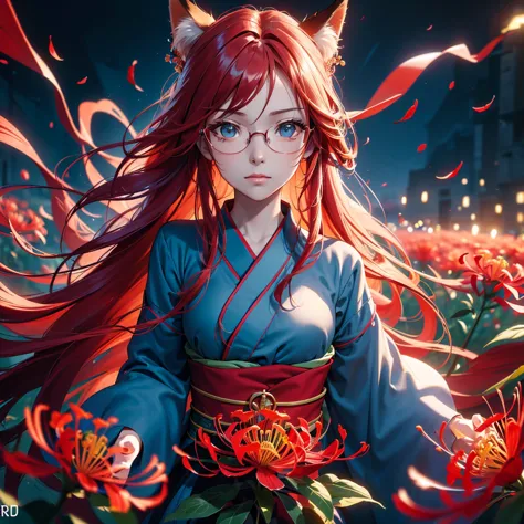 a beautiful glasses-wearing girl with long red hair and blue eyes in a red kimono stands in a field of red red spider lilies. a ...