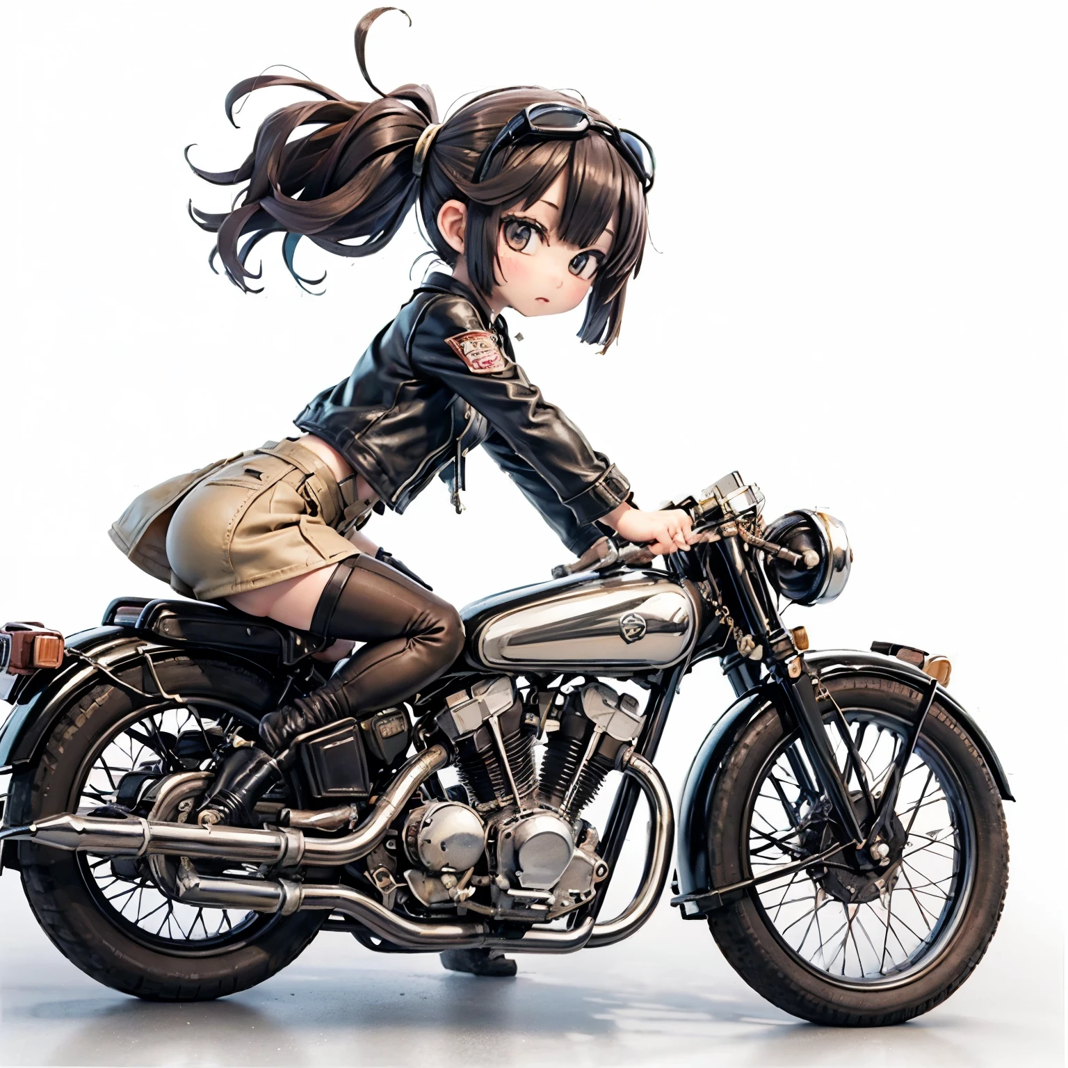 (Porcelain Man々shape)、(陶Porcelain Man々shape)、(Ride a classic motorcycle:1.2 )、(Vintage Bikes、Bluff Superior SS100)、Beautiful young Japanese々woman、Beautiful Face, Black Hair, Short Bob Hair, Red classic leather jacket、leather shorts、boots、goggles、Take a photo of the whole bike、Blur the background、((In the Arabian desert:1.2))、((White Background))、((Plain background))、((No logo))、(Highest quality、High resolution、masterpiece)、(3d)、4K、8k、wallpaper、