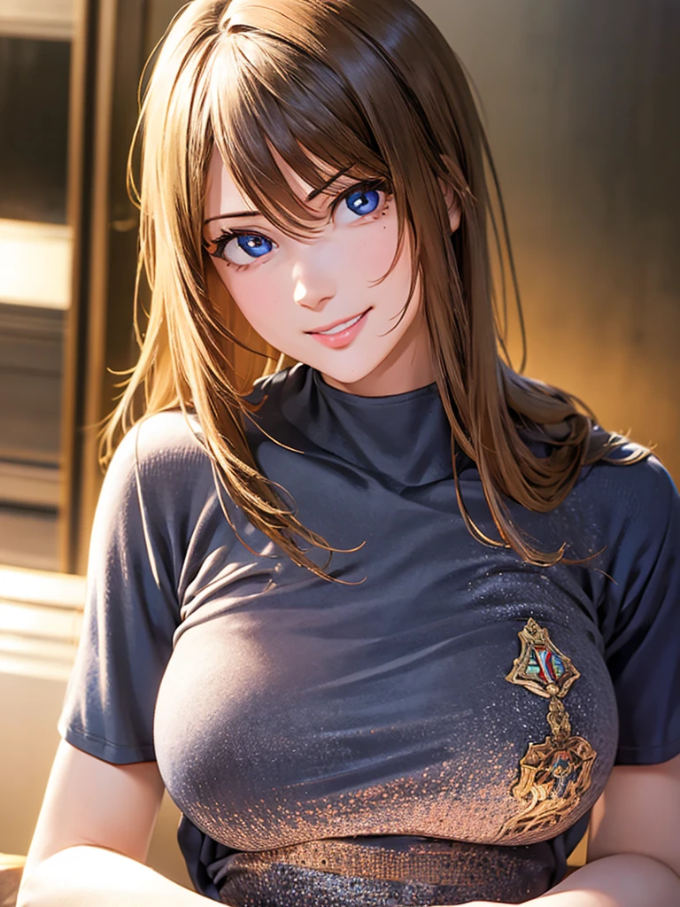 Highest quality, Ultra-high resolution, (Realistic: 1.4), beautiful Eyes, Super beautiful, beautiful, spouse, Rough Chest T-shirt, beautiful Soldier, Eyes that beckon, spouseの視点, Attractive look, Sexy smile, Perfect Style, Perfect balance, Detailed skin, Mischievous Gaze