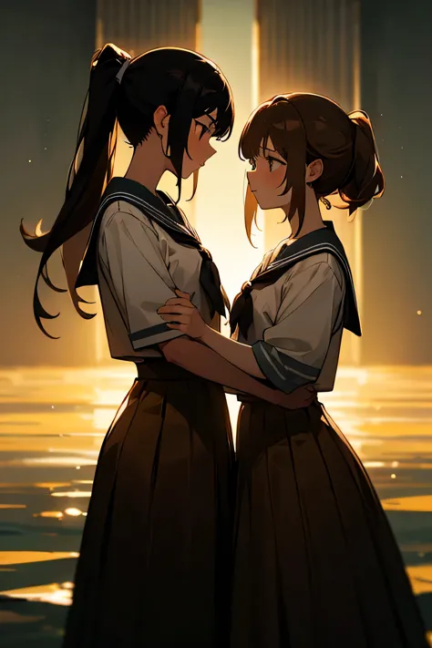 highest quality　two women embracing each other on the beach　2 women　lesbian　long black hair ponytail　long brown hair　backlight　u...