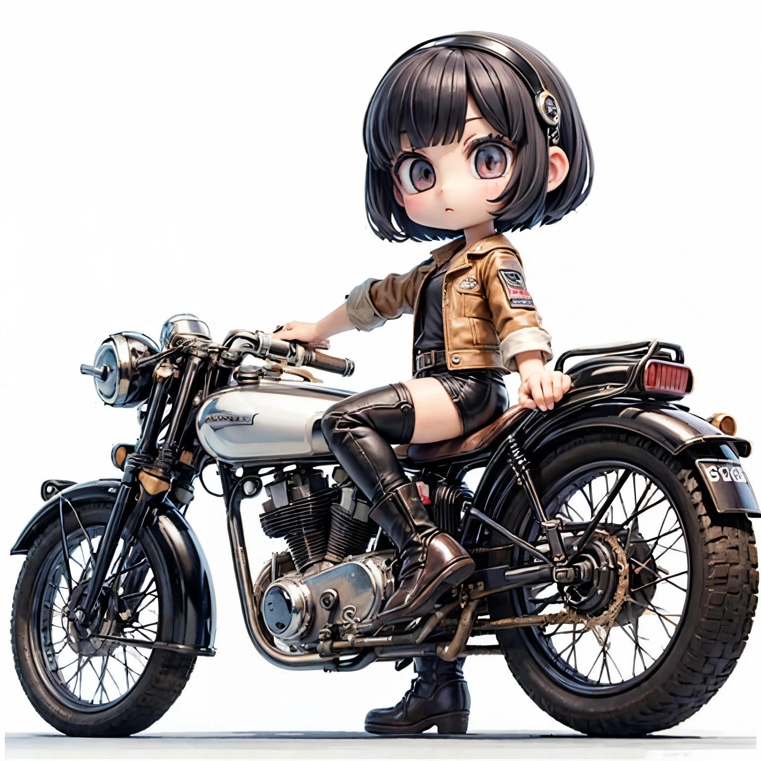 (Porcelain Man々shape)、(陶Porcelain Man々shape)、(Ride a classic motorcycle:1.2 )、(Vintage Bikes、Bluff Superior SS100)、Beautiful young Japanese々woman、Beautiful Face, Black Hair, Short Bob Hair, Red classic leather jacket、leather shorts、boots、goggles、Take a photo of the whole bike、Blur the background、((Arabian desert background:1.2))、((White Background))、((Plain background))、((No logo))、(Highest quality、High resolution、masterpiece)、(3d)、4K、8k、wallpaper、