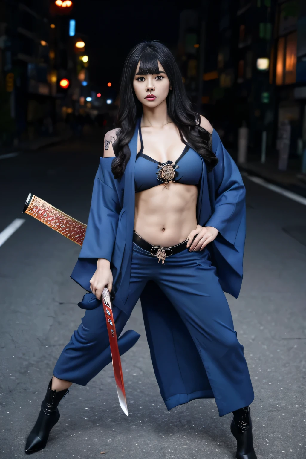 Beautiful Chinese woman, (), cute face, red lips, white moisturized skin, moles, (under-eye bags),
BREAK,
Feminine body with high athletic ability, Body of a female fitness model, Feminine body with hard tones, (Muscles: 1.2), (Beautiful belly button),
BREAK,
Fighter, Kung Fu fighter, Idol, (Yakuza), (Yakuza),
BREAK,
(Wearing a cute dark blue kimono: 1.3), (Kimono with high exposure), (Stiletto heels, long boots 1.3), necklace, very large earrings, short length,
BREAK,
Long hair, ( bob hair), (Bangs: 1.2), (black hair: 1.3), (Wavy hair),
BREAK,
(Very large Japanese sword: 1.4), (Holding the handle of a Japanese sword: 1.3), (Fighting: 1.2), (Getting into a fighting stance), (Beautiful blade of a Japanese sword: 1.2)
BREAK,
(Japanese tattoo: 1.4),
BREAK,
Masterpiece, Perfect lighting, Ultra high resolution, 8K, (Very detailed: 1.4), (From the front), Looking at the camera, Melancholic expression,
BREAK,
(Tokyo city, lots of people in the background: 1.2), City background in Shibuya, Tokyo, Japan,