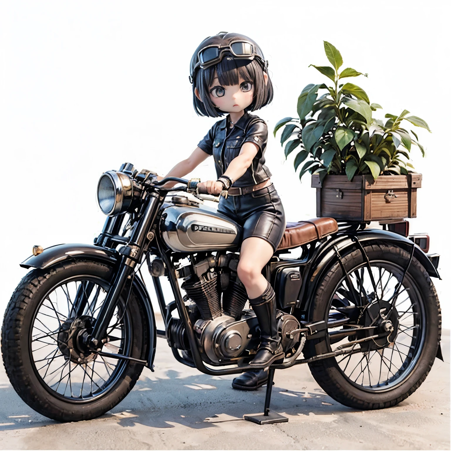 (Porcelain Man々shape)、(陶Porcelain Man々shape)、(Ride a classic motorcycle:1.2 )、(Vintage Bikes、Bluff Superior SS100)、Beautiful young Japanese々woman、Beautiful Face, Black Hair, Short Bob Hair, Red classic leather jacket、leather shorts、boots、goggles、Take a photo of the whole bike、Blur the background、((Arabian desert background:1.2))、((White Background))、((Plain background))、((No logo))、(Highest quality、High resolution、masterpiece)、(3d)、4K、8k、wallpaper、