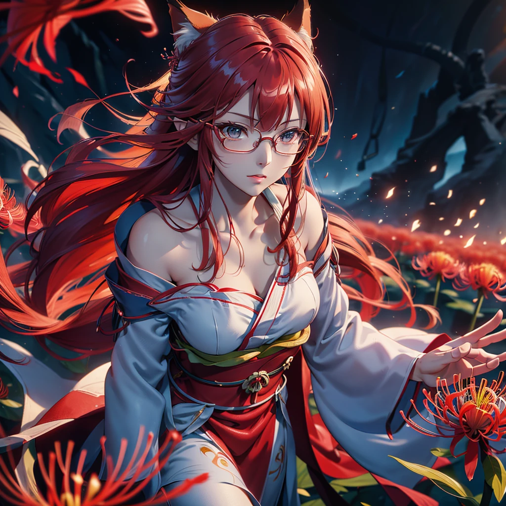 A beautiful glasses-wearing girl with long red hair and blue eyes in a red kimono stands in a field of red red spider lilies. A fox emerges from the twilight, detailed facial features, highly detailed eyes, (Best Quality, 4k, 8k, High Resolution, Masterpiece: 1.2), Ultra-detailed, (Realistic, Photorealistic, Photorealistic: 1.37), Vivid colors, Cinematic lighting, Surreal fantasy, Atmospheric mood