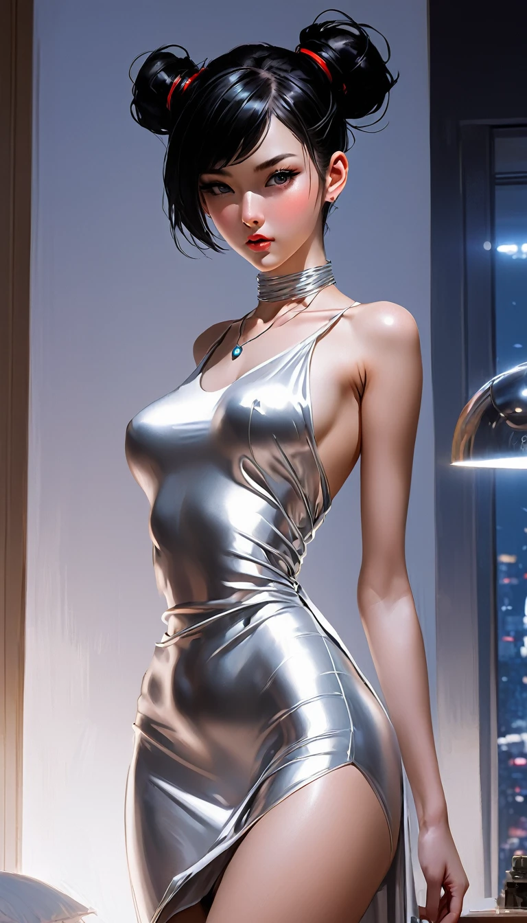 A masterpiece, stunning realism, the highest quality, clarity, ((an image in the style of K-pop pin-up, anime by Ilya Kuvshinov)) ((the body is transformed to its full height)), ((a cyborg woman with the body of a slender woman)), black long hair tied in a bun, shaved temples, perfect physique, smooth belly, navel, short haircut, blue eyes, silver silk narrow dress with a long neck, silver necklace, stands in a white The room,Груди, Смотрит на зрителя, Челка, Короткие волосы, Высокое разрешение, Лучшее качество, Высокая детализация, Большая грудь, Улыбаться, Макияж, Смущение, Легкий румянец, Атмосферная перспектива, Диафрагма F2.8, Сильные эмоции в глазах, Соблазнительная улыбка, 