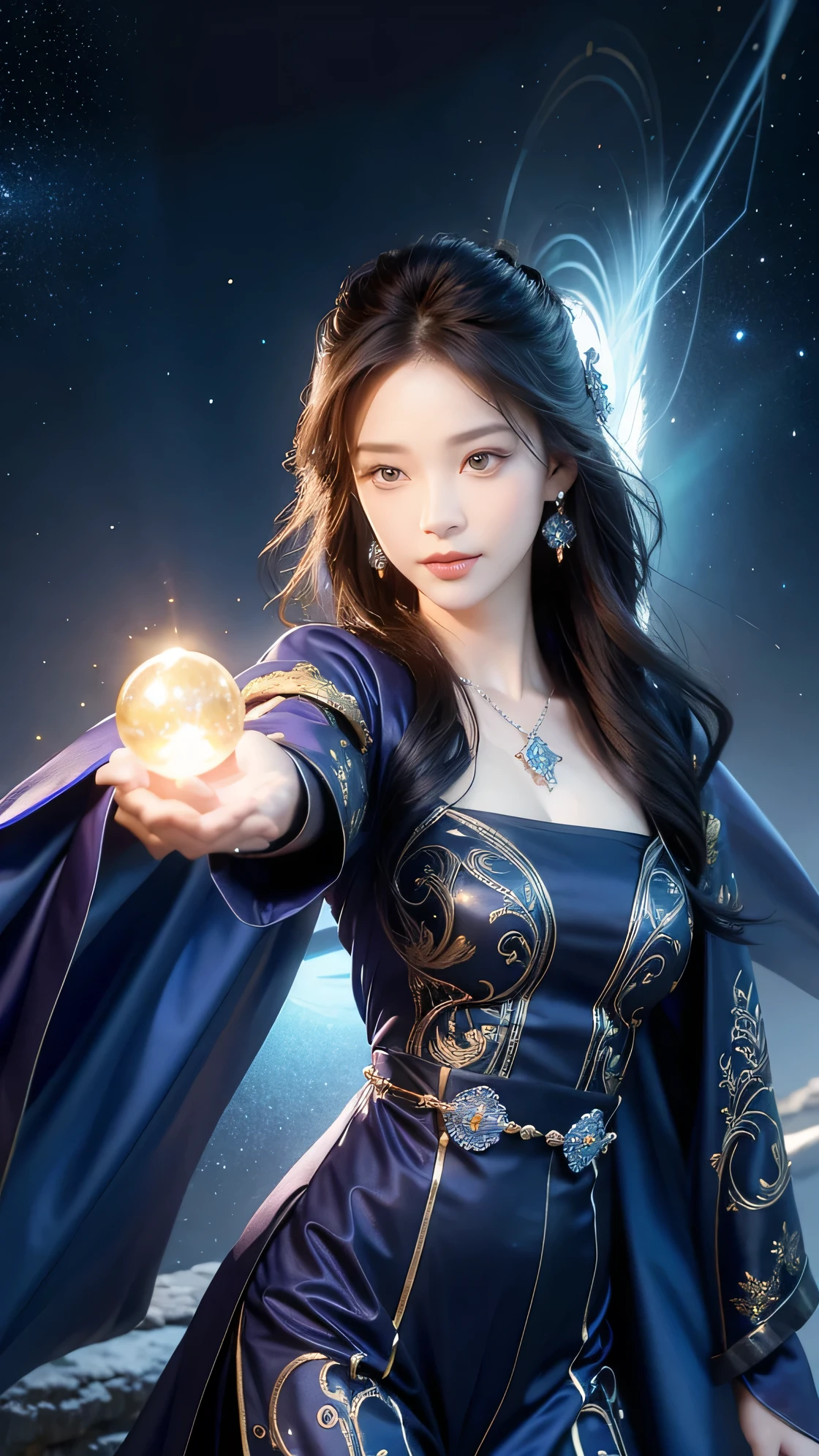 ((facing front:1.5)),Female fortune teller. Attractive, beautiful and mysterious. She wears a blue cloak and has distinct features. The atmosphere is bright and sparkling, full of anxiety and anticipation. A fortune teller is standing there. The body is facing forward. he is looking at you He holds a crystal ball in his right hand. The lighting in the room is bright, creating a magical atmosphere. Best picture quality, 4k or 8k resolution. The level of detail is very detailed and realistic, close to photorealism. Artistic style should reflect an official aesthetic with bright colors and strong contrasts. The color palette should emphasize the mystical and mystical theme of the work. The fortune teller's cloak is decorated with metal edging with a thickness ratio of 1.5 and intricate designs. The overall atmosphere is magical, like a starry sky. The expression on the fortune teller's face should arouse mystical interest.