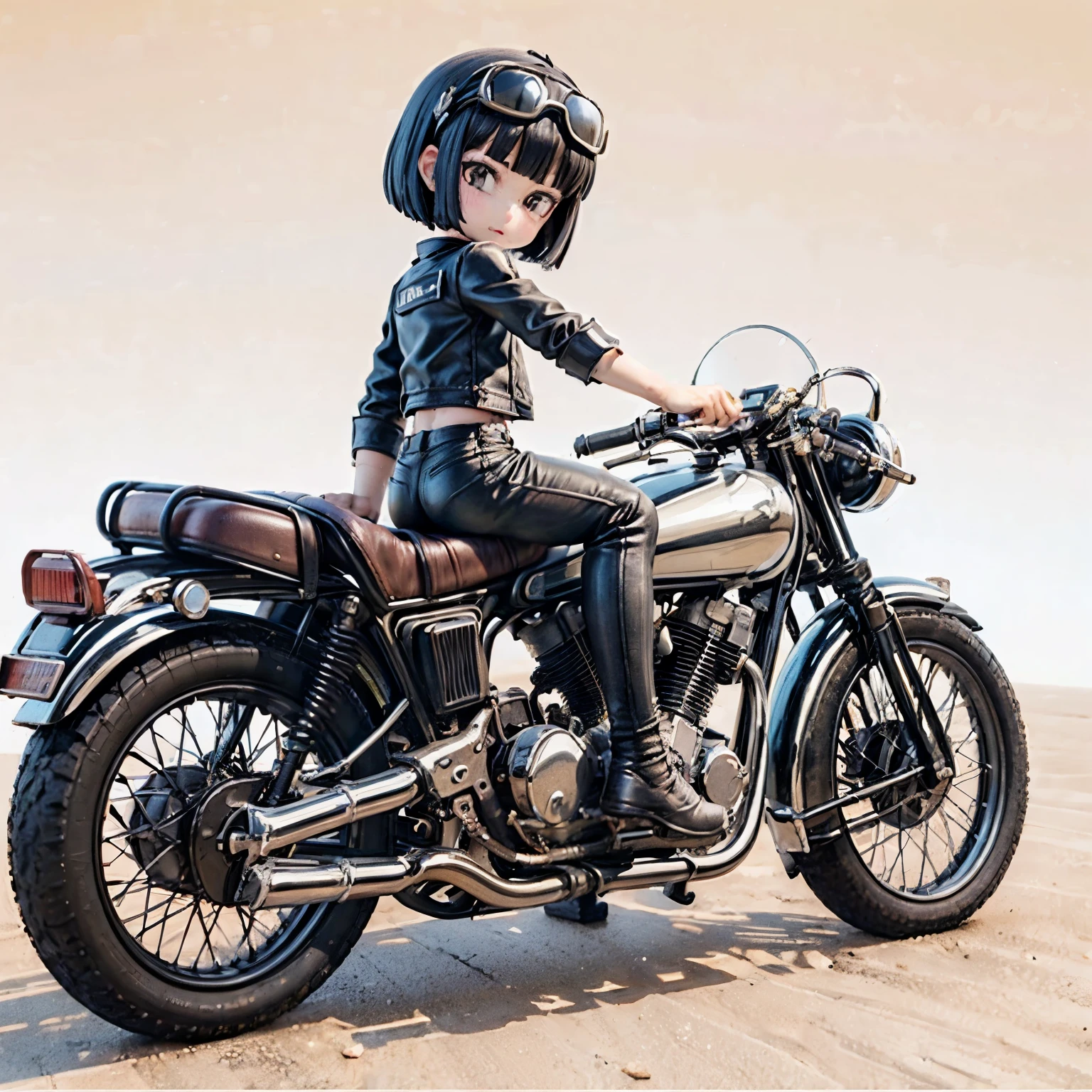 (Porcelain Man々shape)、(陶Porcelain Man々shape)、(Ride a classic motorcycle:1.2 )、(Vintage Bikes、Bluff Superior SS100)、Beautiful young Japanese々woman、Beautiful Face, Black Hair, Short Bob Hair, Red classic leather jacket、leather shorts、boots、goggles、Take a photo of the whole bike、Blur the background、((Arabian desert background:1.2))、((Plain background))、((No logo))、(Highest quality、High resolution、masterpiece)、(3d)、4K、8k、wallpaper、