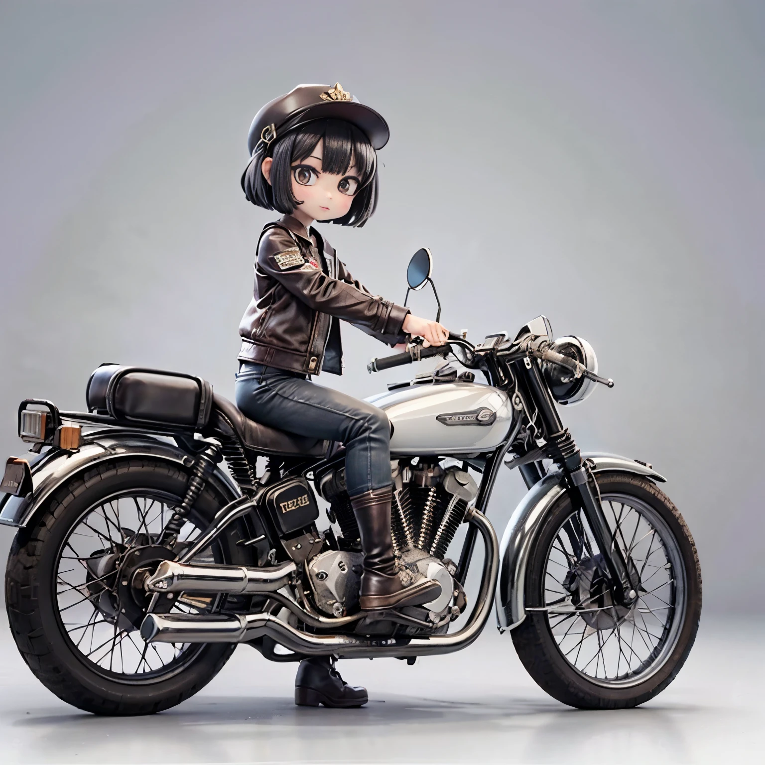 (Porcelain Man々shape)、(陶Porcelain Man々shape)、(Ride a classic motorcycle:1.2 )、(Vintage Bikes、Bluff Superior SS100)、Beautiful young Japanese々woman、Beautiful Face, Black Hair, Short Bob Hair, Red classic leather jacket、leather shorts、boots、goggles、Take a photo of the whole bike、Blur the background、(Arabian desert background:1.4)、((No logo))、(Highest quality、High resolution、masterpiece)、(3d)、4K、8k、wallpaper、