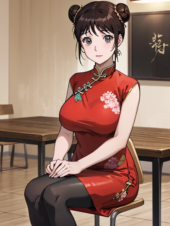 (Anime Style)、(Double bun hair)、(short hair)、Black Hair、hairpin、(woman１people)、若いwoman、beautiful長い脚、beautiful体、beautiful鼻、Perfect Eyes、Perfect Face、Perfect Legs、Perfect balance、(beautiful、Large Breasts:1.3)、(beautiful顔:1.5)、(Tight waist)、Perfect lighting、colorful、Bright front light、Glowing Skin、 (masterpiece:1.0)、((High resolution))、((Highest quality))、(Normal hand)、(Five Fingers)、(Anatomically correct hand)、(Please write your hand correctly)、(Chinatown）、(Sit on a chair)、(Red Chinese dress）、(Black long tights)