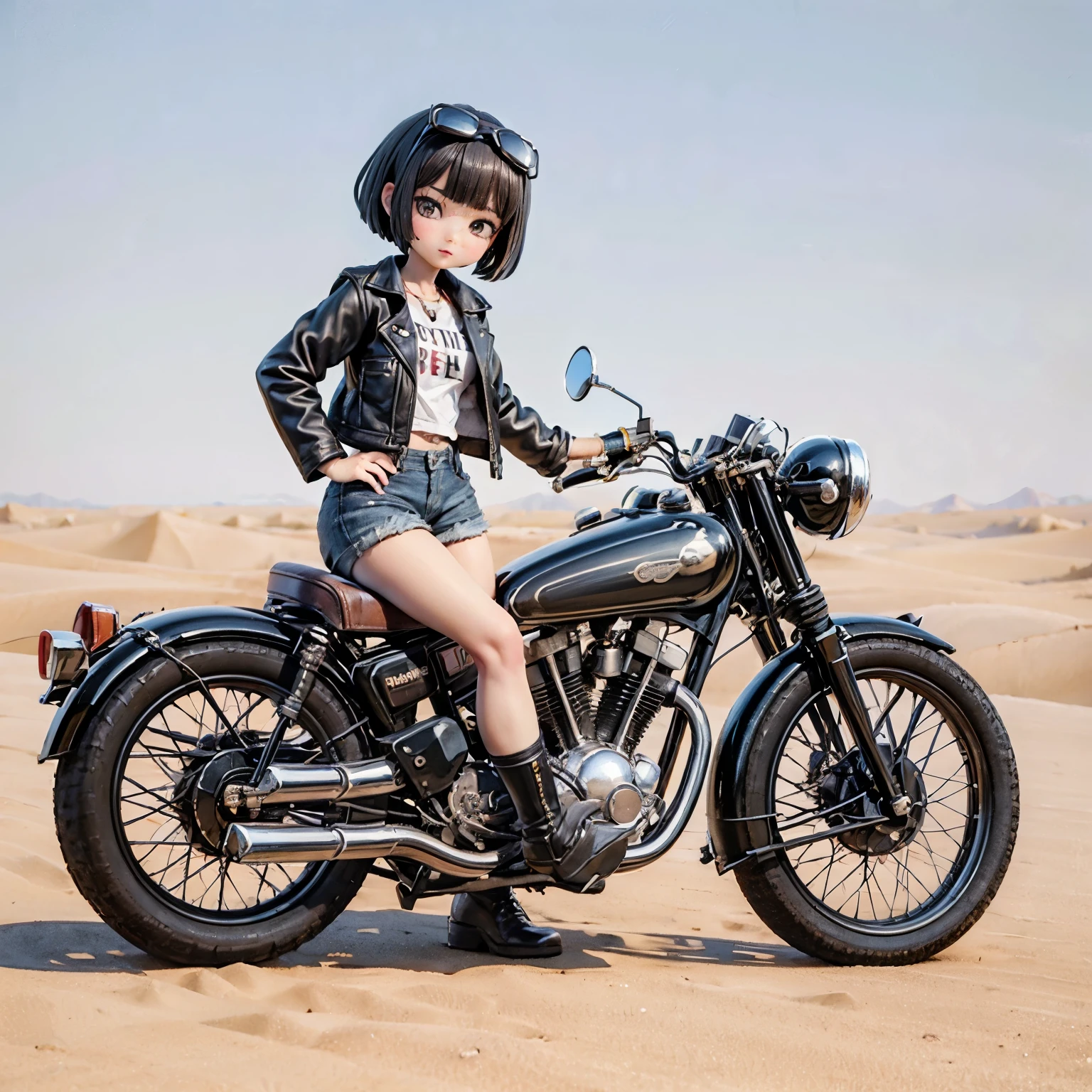 (Porcelain Man々shape)、(陶Porcelain Man々shape)、(Ride a classic motorcycle:1.2 )、(Vintage Bikes、Bluff Superior SS100)、(Arabian desert background:1.4)、Beautiful young Japanese々woman、Beautiful Face, Black Hair, Short Bob Hair, Red classic leather jacket、leather shorts、boots、goggles、Take a photo of the whole bike、Blur the background、((No logo))、(Highest quality、High resolution、masterpiece)、(3d)、4K、8k、wallpaper、