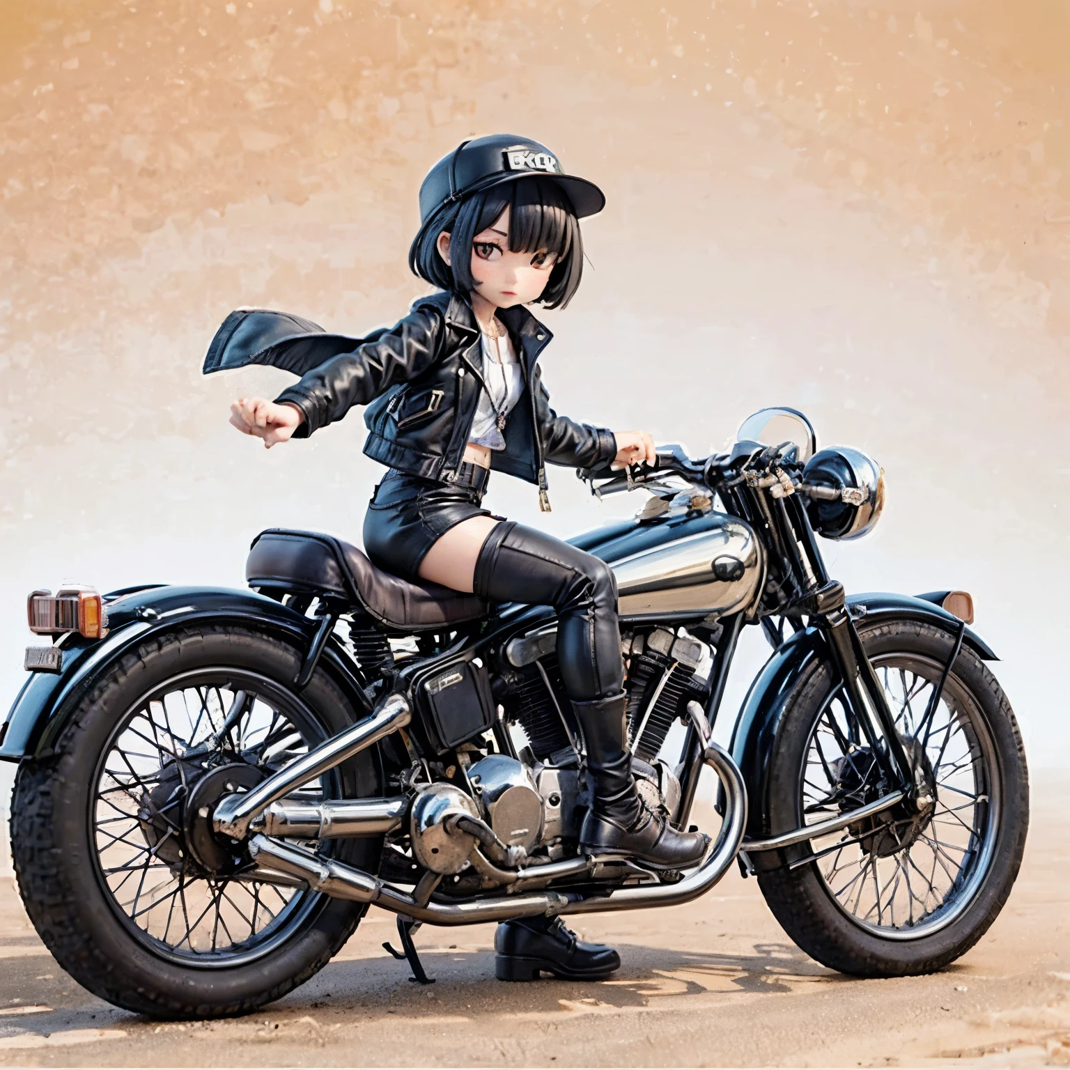 (Porcelain Man々shape)、(陶Porcelain Man々shape)、(Ride a classic motorcycle:1.2 )、(Vintage Bikes、Bluff Superior SS100)、(Arabian desert background:1.4)、Beautiful young Japanese々woman、Beautiful Face, Black Hair, Short Bob Hair, Red classic leather jacket、leather shorts、boots、goggles、Take a photo of the whole bike、Blur the background、((No logo))、(Highest quality、High resolution、masterpiece)、(3d)、4K、8k、wallpaper、