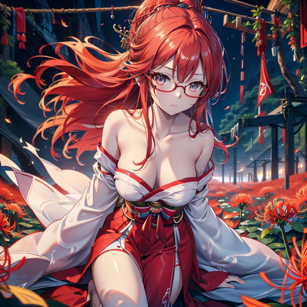 A beautiful glasses-wearing girl with long red hair and blue eyes in a red kimono stands in a field of red red spider lilies. A (fox) emerges from the twilight, detailed facial features, highly detailed eyes, (Best Quality, 4k, 8k, High Resolution, Masterpiece: 1.2), Ultra-detailed, (Realistic, Photorealistic, Photorealistic: 1.37), Vivid colors, Cinematic lighting, Surreal fantasy, Atmospheric mood