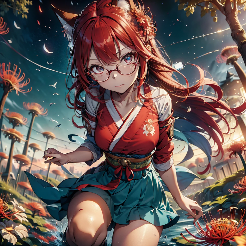 A beautiful glasses-wearing girl with long red hair and blue eyes in a red kimono stands in a field of red red spider lilies. A (fox) emerges from the twilight, detailed facial features, highly detailed eyes, (Best Quality, 4k, 8k, High Resolution, Masterpiece: 1.2), Ultra-detailed, (Realistic, Photorealistic, Photorealistic: 1.37), Vivid colors, Cinematic lighting, Surreal fantasy, Atmospheric mood