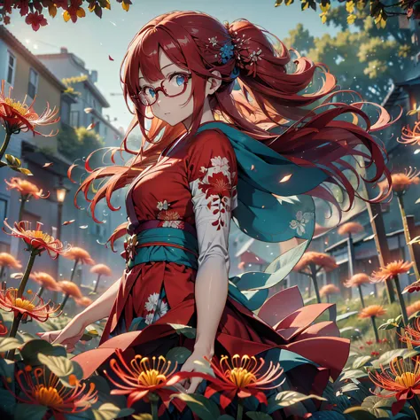 a beautiful glasses-wearing girl with long red hair and blue eyes in a red kimono stands in a field of red red spider lilies. a ...