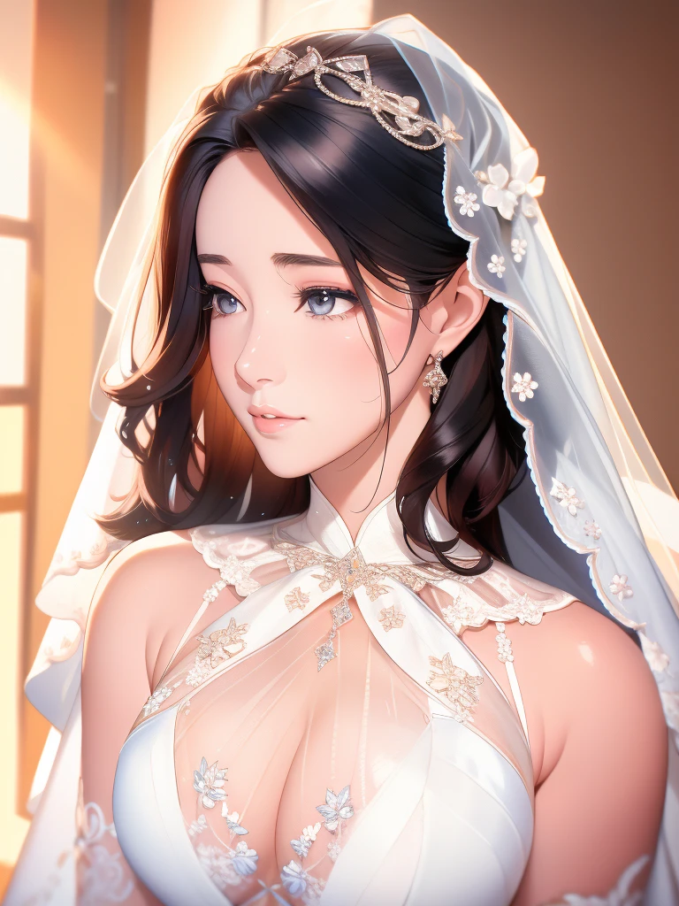 A beautiful detailed portrait of a young woman wearing a white wedding dress with a long veil, standing alone in front of a curtain. She has exquisite facial features, including stunning eyes, a delicate nose, and full lips. Her long black hair frames her face elegantly. The image is rendered with exceptional clarity and detail, capturing the intricate textures of the dress, veil, and jewelry. The overall scene has a soft, romantic atmosphere with a shallow depth of field, creating a focus on the bride. The lighting is natural and flattering, emphasizing the bride's radiant beauty. This high-quality, high-resolution image is a masterpiece, showcasing the subject's grace and elegance in a photorealistic style.