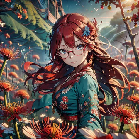 a beautiful glasses-wearing girl with long red hair and blue eyes in a red kimono stands in a field of red red spider lilies. a ...