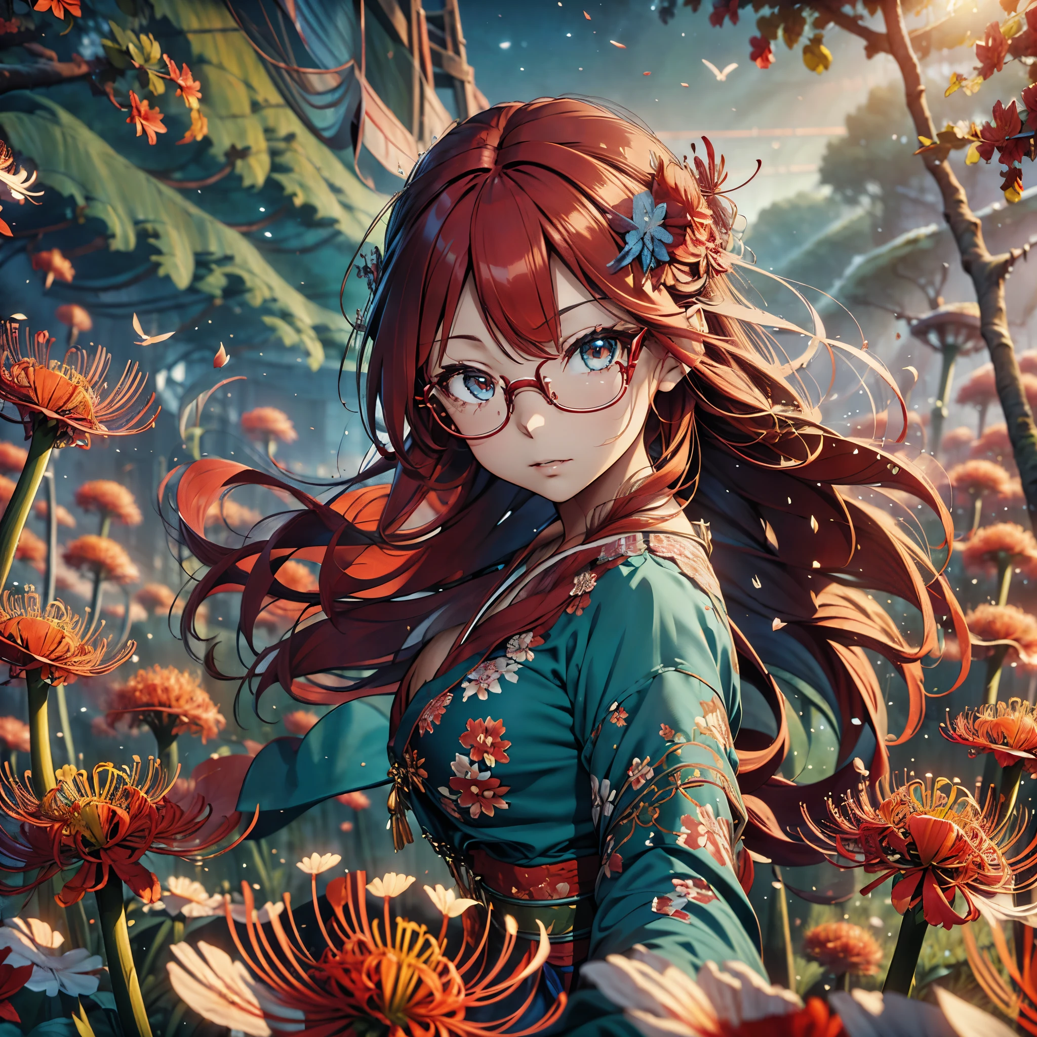 A beautiful glasses-wearing girl with long red hair and blue eyes in a red kimono stands in a field of red red spider lilies. A (fox) emerges from the twilight, detailed facial features, highly detailed eyes, (Best Quality, 4k, 8k, High Resolution, Masterpiece: 1.2), Ultra-detailed, (Realistic, Photorealistic, Photorealistic: 1.37), Vivid colors, Cinematic lighting, Surreal fantasy, Atmospheric mood