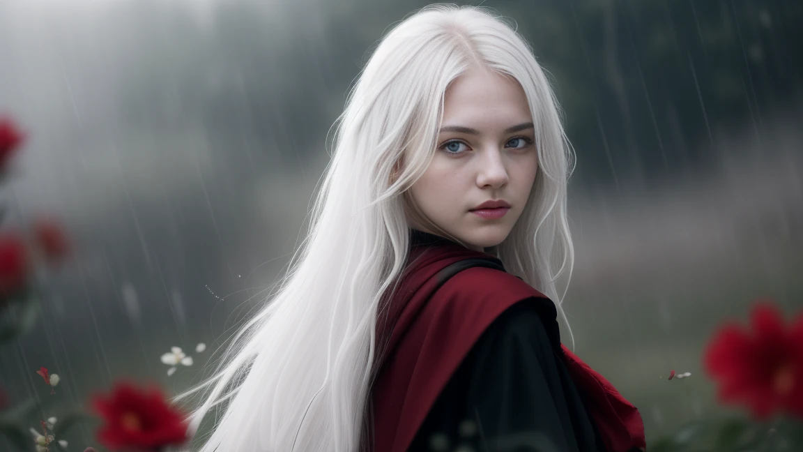 1nakedgirl,solo,1girl,solo,((beautiful detailed eyes)), (detailed light),depth of field,(white hair),silver eyes,hair over one eye,(red flower ), hair flower,long hair,black cloak,wet,emotionless,looking back,night,starfall,raining,fog,red flowers falling,sketch,upper body,intense shadows,