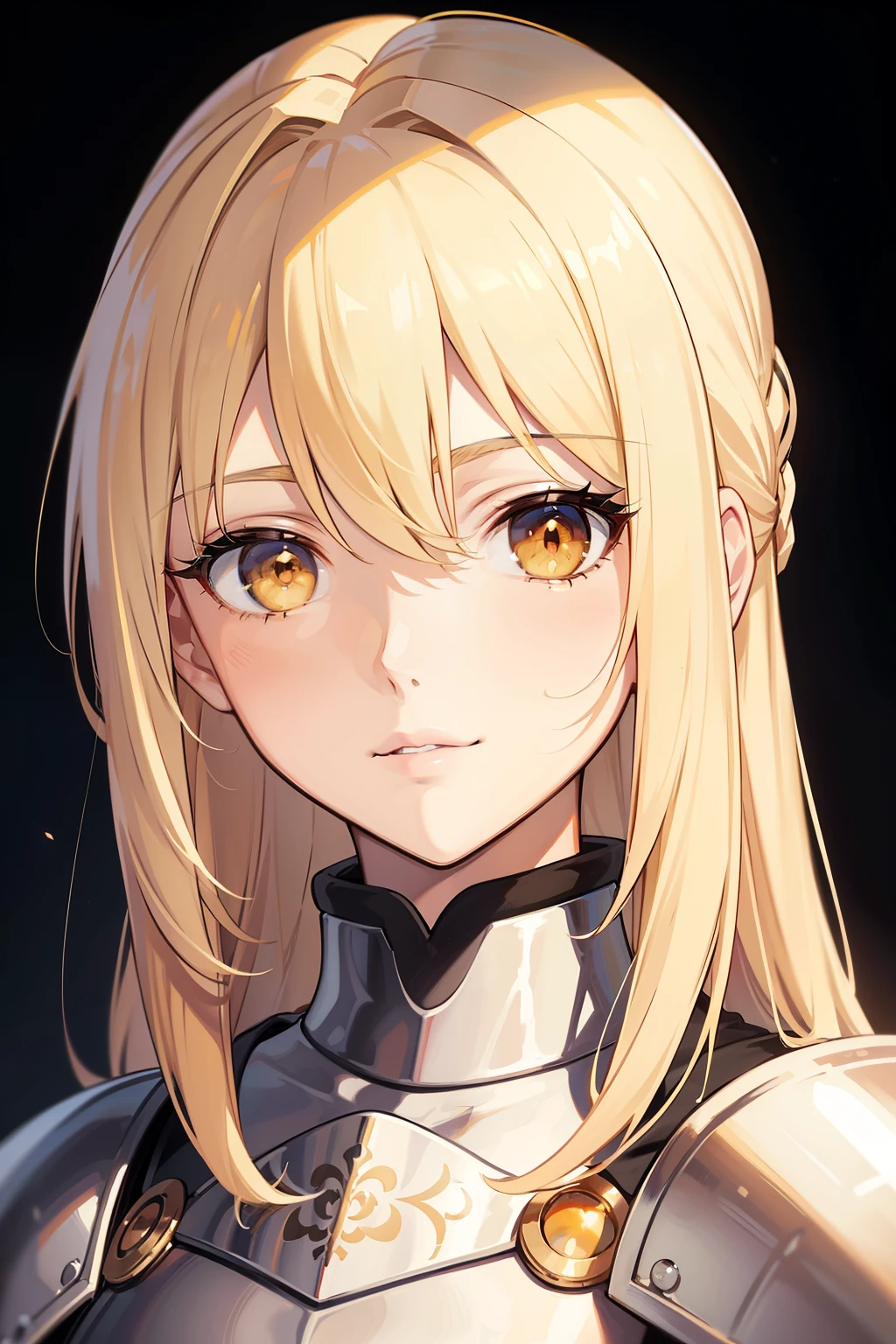 (high-quality, breathtaking),(expressive eyes, perfect face) portrait, 1girl, female, Symmetrical Eye, solo, adult woman, 1, blonde hair, golden yellow orange eye color, medium hair length, soft hair, gentle smile, side bangs, looking at viewer, portrait, neutral expression, elegant, mature, height 5"6, armor, Saber Lily Armor, Chloe von Einzbern
