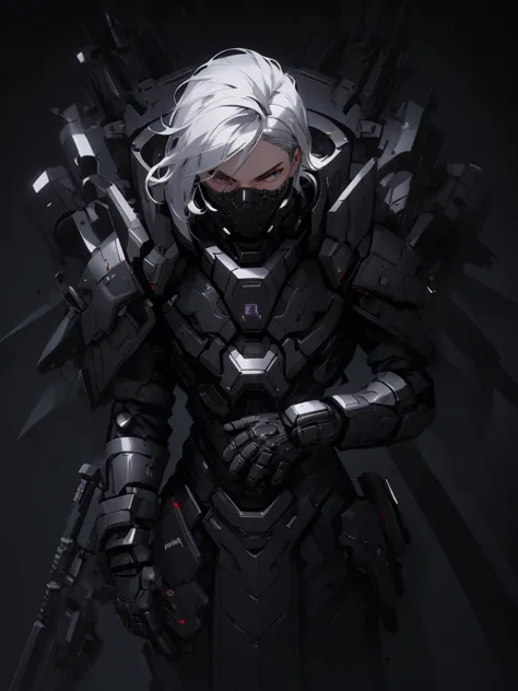 spiky tousled gray hair, serious expression, futuristic black attire, leather material, intricate design details, black gloves w...