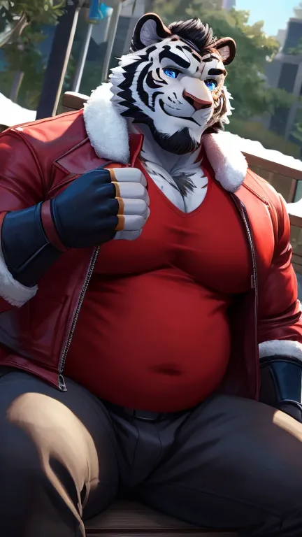 ((best quality)), ((masterpiece)), (Ultra detailed), ((4k)).

Male , Furry Anthro , white tiger, snow-white fur , Adult , Black Short Hair , Black Beard , Big Boy , Chubby Fat , Big Pecs Chest , blue Eyes , Handsome , Hunk.

Outfit (No Exposing Body) , Jacket , Red Jacket , Fingerless Gloves , Black Gloves , Red Shirt , Black Jeans

Park , Cool Pose , Smile , Sharp Focus , Head to body Angle , Sit In Bench