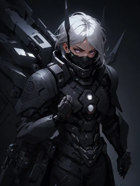 spiky tousled gray hair, serious expression, futuristic black attire, leather material, intricate design details, black gloves w...