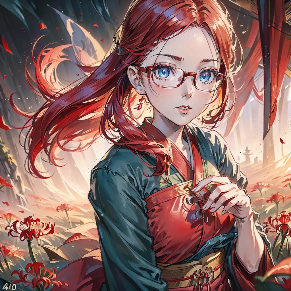 A beautiful glasses-wearing girl with long red hair and blue eyes in a red kimono stands in a field of red red spider lilies. A (fox) emerges from the twilight, detailed facial features, highly detailed eyes, (Best Quality, 4k, 8k, High Resolution, Masterpiece: 1.2), Ultra-detailed, (Realistic, Photorealistic, Photorealistic: 1.37), Vivid colors, Cinematic lighting, Surreal fantasy, Atmospheric mood