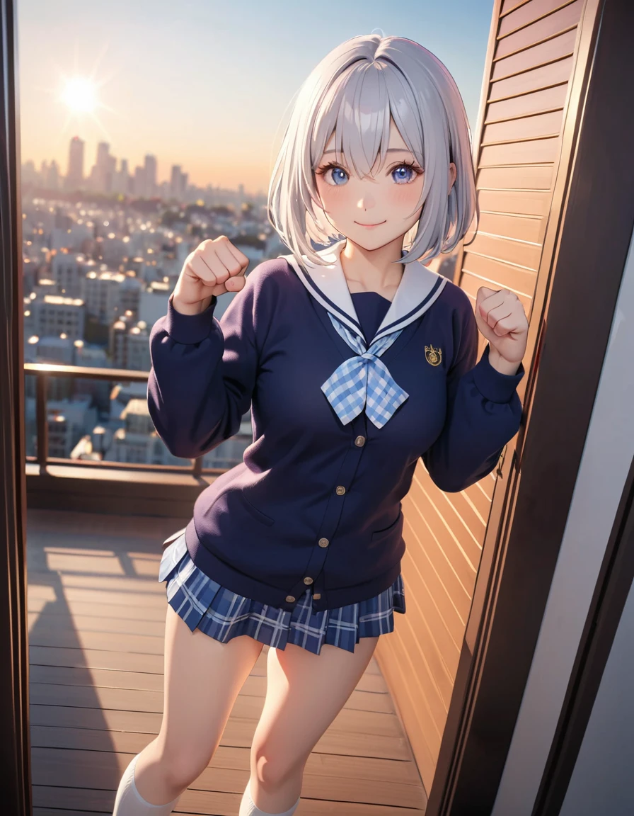 masterpiece, glowing particles, ambient lights, cute, 8K, hdr, high details, perfect lighting, perfect anatomy, BREAK (shiny silver hair:1.2), (bob cut, bang between eyes, beautiful hair), (glossy silver eyes:1.5), (beautiful eyes, twinkle eyes, large eyes), (athlete body, large breasts), cute face, beautiful face, pretty face, beautiful, best quality, good anatomy, long eyelashes, expressive eyes, Perfect Hands, perfecteyes, BREAK cute school uniform, outerwear is (dark navy large cotton cardigan:1.5), closed front, long sleeves, (button-up:1.3), (dark navy tops:1.5), innerwear is white collared shirt, (light blue gingham plaid ribbon on neck), light blue gingham plaid pleated skirt, mini skirt, white socks, loafers, holding school bag, BREAK 1girl, at (10:00 O'clock, morning, blue sky, sunshine, bright), city, smile, standing, hands up, (paw pose:1.2), (make a fist:1.2), 