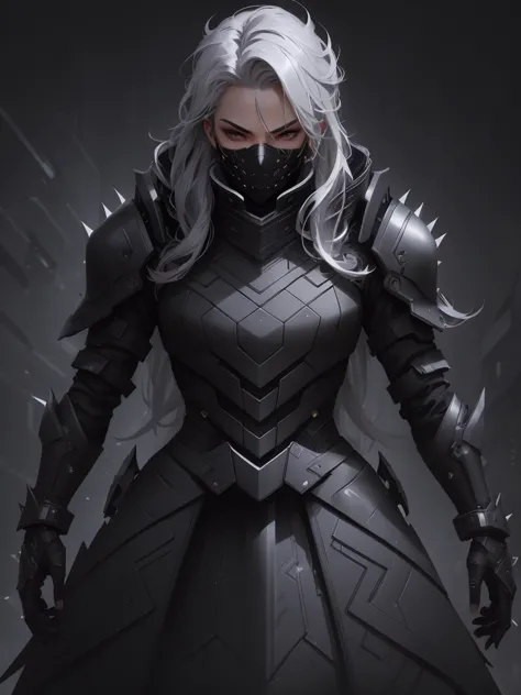 spiky tousled gray hair, serious expression, futuristic black attire, leather material, intricate design details, black gloves w...