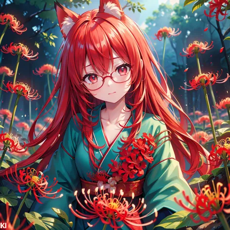 a beautiful glasses-wearing girl with long red hair and blue eyes in a red kimono stands in a field of red red spider lilies. a ...