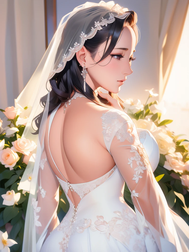 A beautiful detailed portrait of a young woman in a white wedding dress, standing in a garden with flowers and a curtain backdrop. She has long black hair, detailed eyes, nose, and lips, and is wearing a bridal veil, earrings, and jewelry. The image has a photorealistic, high-quality look with vivid colors, extreme detail, and a shallow depth of field. The overall style is a bridal portrait. (best quality,4k,8k,highres,masterpiece:1.2),ultra-detailed,(realistic,photorealistic,photo-realistic:1.37),1girl,bride,wedding dress,bridal veil,jewelry,curtain,long black hair,detailed facial features,solo female,full body,looking back