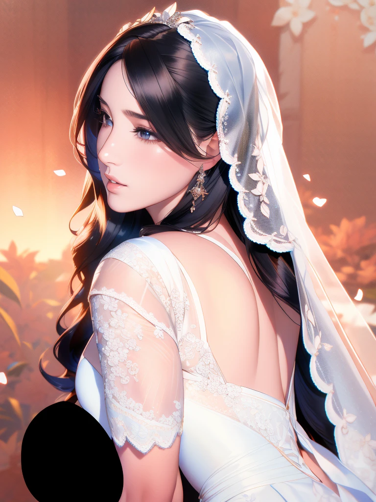 A beautiful detailed portrait of a young woman in a white wedding dress, standing in a garden with flowers and a curtain backdrop. She has long black hair, detailed eyes, nose, and lips, and is wearing a bridal veil, earrings, and jewelry. The image has a photorealistic, high-quality look with vivid colors, extreme detail, and a shallow depth of field. The overall style is a bridal portrait. (best quality,4k,8k,highres,masterpiece:1.2),ultra-detailed,(realistic,photorealistic,photo-realistic:1.37),1girl,bride,wedding dress,bridal veil,jewelry,curtain,long black hair,detailed facial features,solo female,full body,looking back