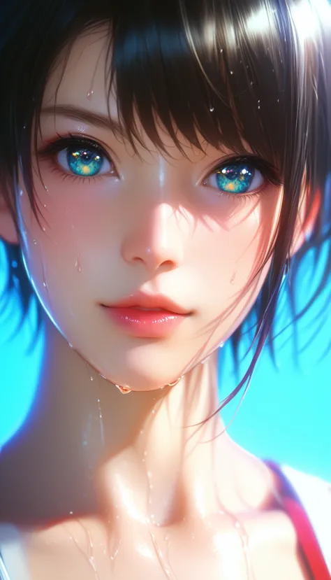 shubabase, black hair, gradient eyes, aqua eyes, short hair, swept bangs, close-up details, realistic style photo japanese young...