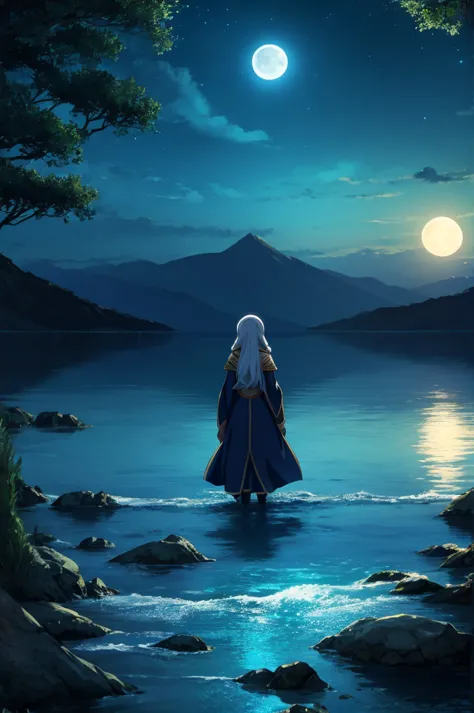 outdoors, moon, moonlight, sea, night, water surface, middle east, arab, forest, blue background, fantasy, anime, 2d, blurry for...