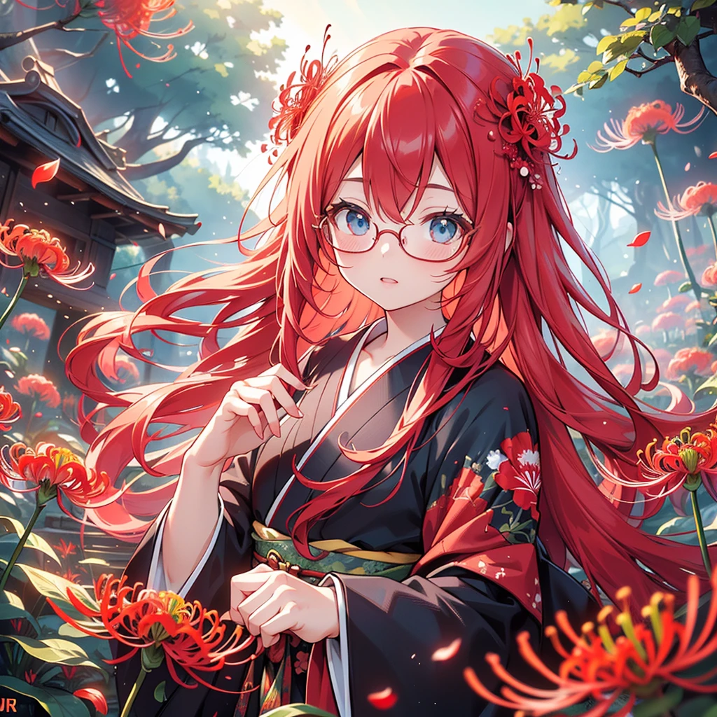 a beautiful glasses-wearing girl with long red hair and blue eyes in a red kimono stands in a field of red red spider lilies. a (fox) emerges from the twilight, detailed facial features, highly detailed eyes, (Best Quality, 4K, 8k, High Resolution, Masterpiece: 1.2), Ultra-detailed, (Realistic, Photorealistic, Photorealistic: 1.37), Vivid colors, Cinematic lighting, Surreal fantasy, atmospheric mood、Red spider lily forest