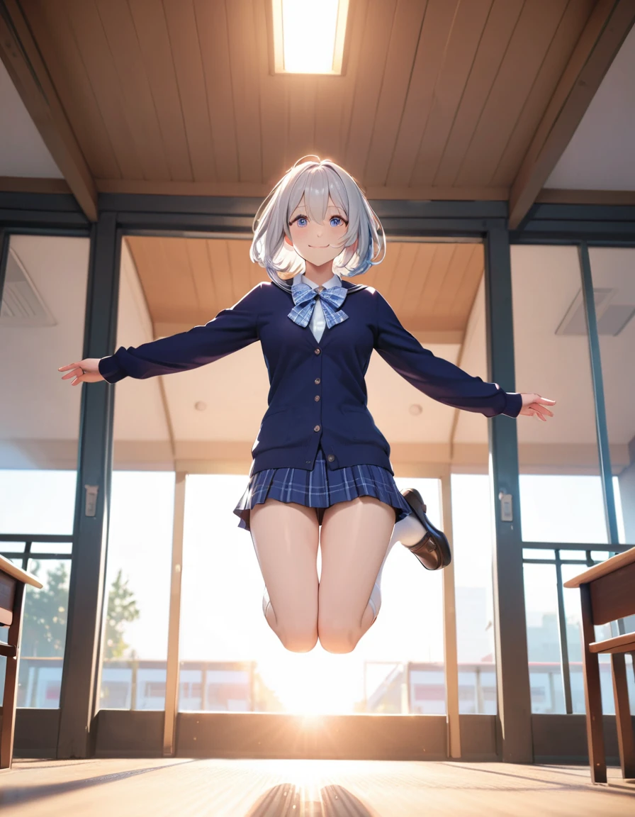 masterpiece, glowing particles, ambient lights, cute, 8K, hdr, high details, perfect lighting, perfect anatomy, BREAK (shiny silver hair:1.2), (bob cut, bang between eyes, beautiful hair), (glossy silver eyes:1.5), (beautiful eyes, twinkle eyes, large eyes), (athlete body, large breasts), cute face, beautiful face, pretty face, beautiful, best quality, good anatomy, long eyelashes, expressive eyes, Perfect Hands, perfecteyes, BREAK cute school uniform, outerwear is (dark navy large cotton cardigan:1.5), closed front, long sleeves, (button-up:1.3), (dark navy tops:1.5), innerwear is white collared shirt, (light blue gingham plaid ribbon on neck), light blue gingham plaid pleated skirt, mini skirt, white socks, loafers, holding school bag, BREAK 1girl, at (10:00 O'clock, morning, blue sky, sunshine, bright), school yard, smile, (in air:1.3), (flying:1.3), arched back, (beautiful jumping form:1.2), fold knees,