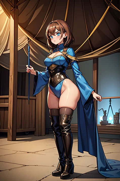 1 female, fierce, medieval, inside a war tent, young kid, sexy blue medieval dress, slim waist, wide hips, thick thighs, cute, l...