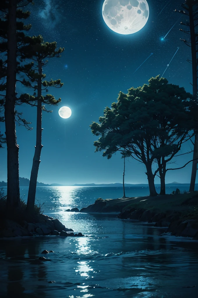 starry sky, outdoors, moon, moonlight, sea, night, water surface, tree, forest, blue background, fantasy, anime, 2d, blurry foreground