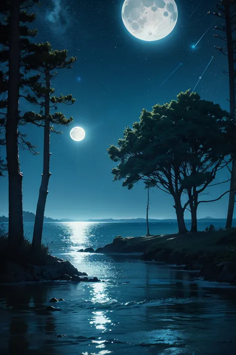 starry sky, outdoors, moon, moonlight, sea, night, water surface, tree, forest, blue background, fantasy, anime, 2d, blurry fore...