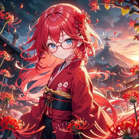 a beautiful glasses-wearing girl with long red hair and blue eyes in a red kimono stands in a field of red red spider lilies. a ...